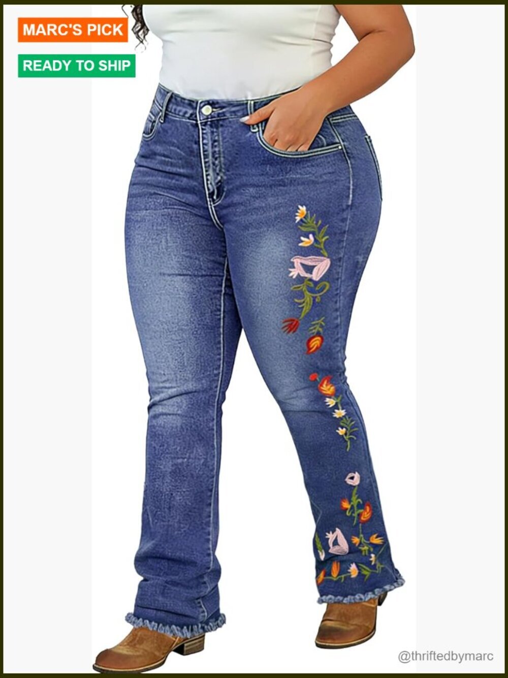 Plus Size High Waisted Stretch Flare Jeans Bootcut Wide Leg Embroidered